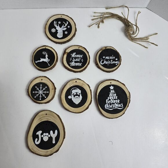 Set of 8 Rustic Wooden Log Pine Chips Black White Christmas Ornaments - Picture 3 of 11